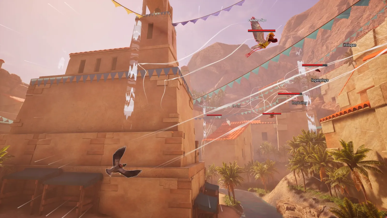 A crowd of named players fighting at close range over a desert village