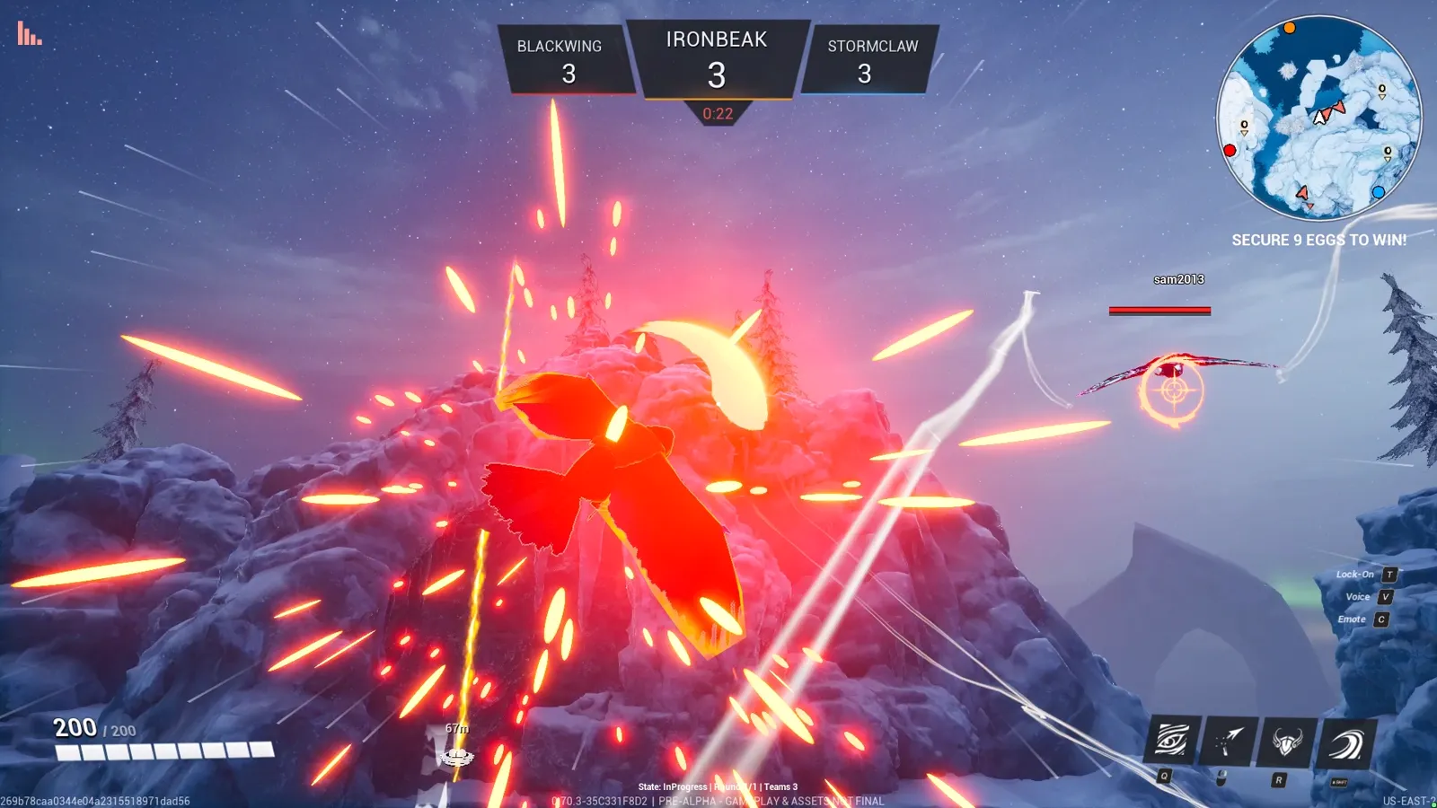 A bird caught in an explosive ability blast mid-air over a snowy map